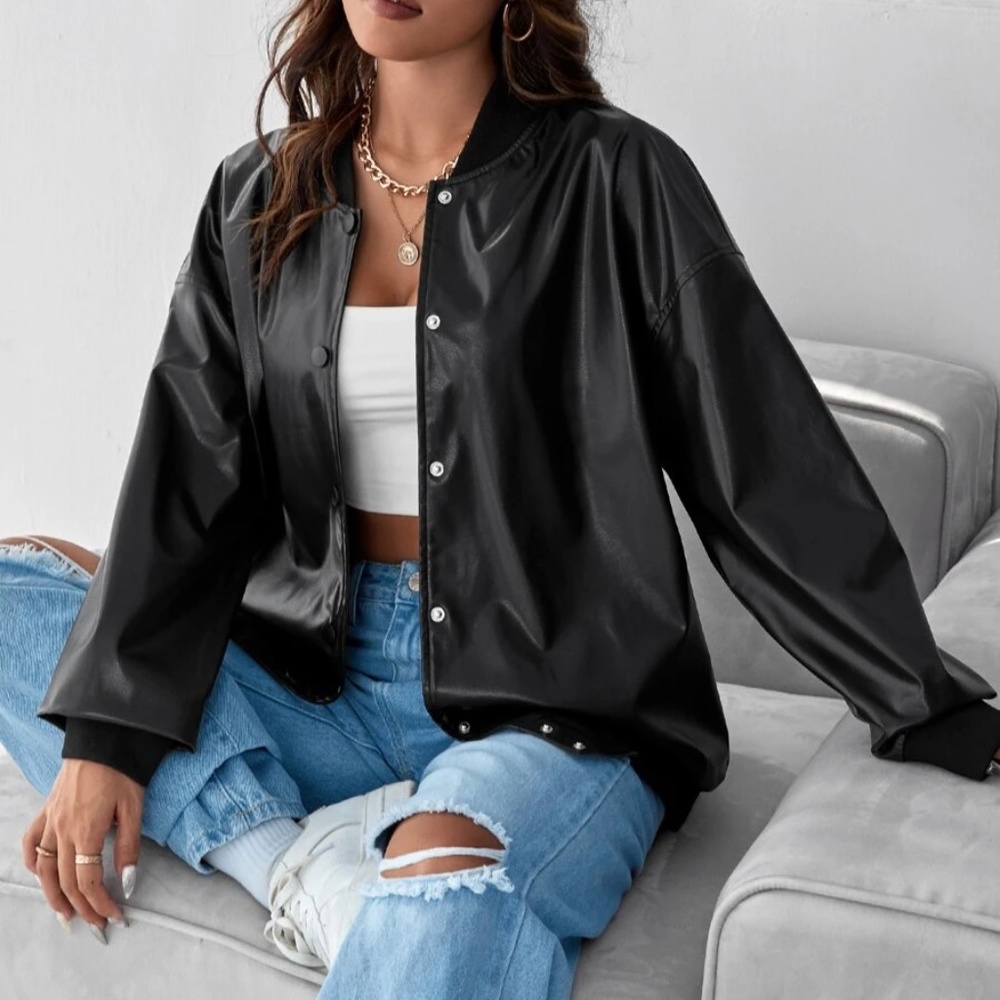 Cozy Vegan Leather Oversized Bomber Jacket - Picture 1 of 5